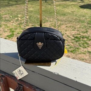 Valentino Orlandi Black Quilted Mini Crossbody with Gold Chain